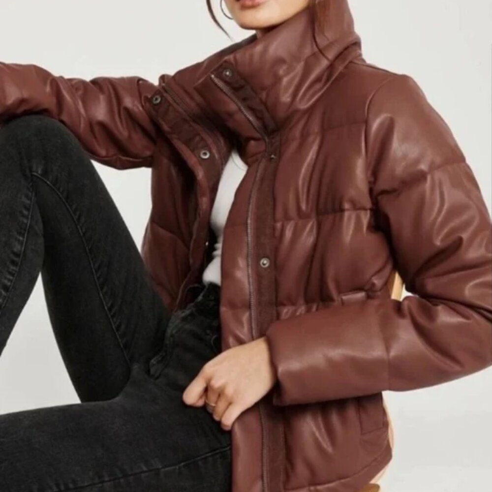 LIKE NEW - ABERCROMBIE AND FITCH VEGAN LEATHER PUFFER JACKET IN BROWN